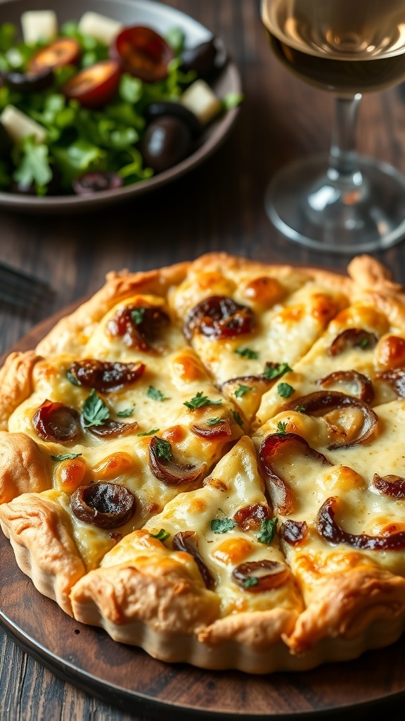 Onion Quiche Recipe A golden-brown onion quiche sliced into wedges, garnished with herbs, on a rustic table with a salad and wine.
